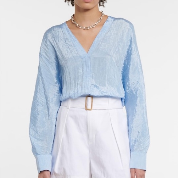 Vince Nwt Crinkled Metallic Sheen Satin Blouse In Cerulean Blue